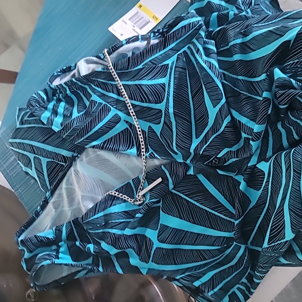 NWT MICHAEL Michael Kors Wide-Leg Jumpsuit Womens M Peacock Blue Leaf Print Dres - Picture 11 of 12